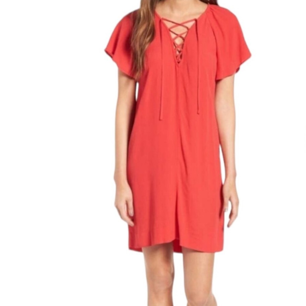 Madewell flutter sleeve lace up dress cherry red